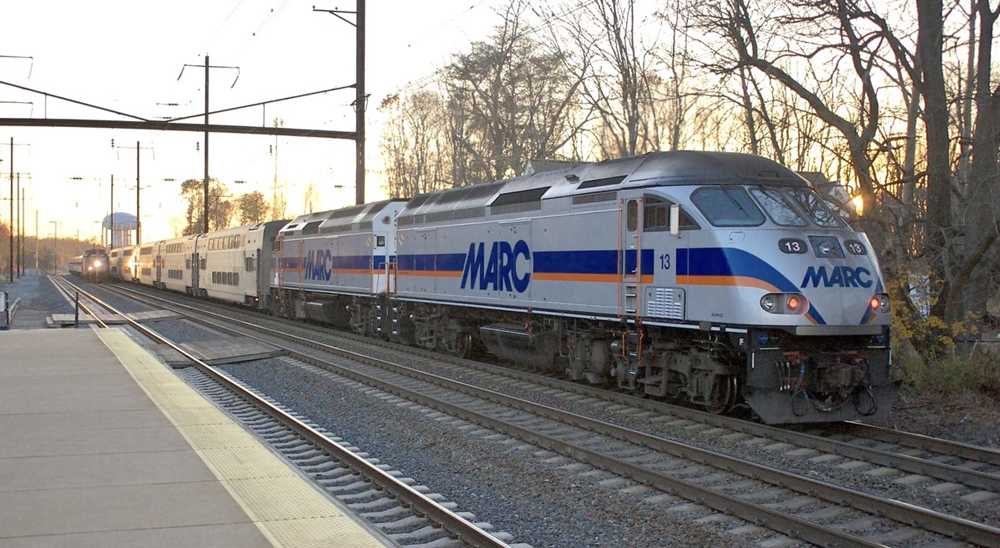 Commuter train with two locomotives