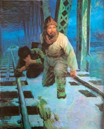 Painting of two men on railroad bridge