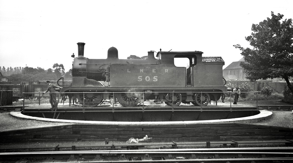 Side view of British 0-4-4 tank locomotive
