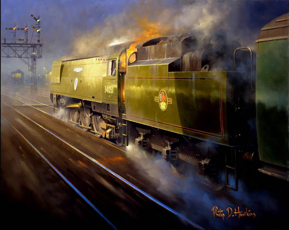 Painting of steam locomotive in going-away view at night
