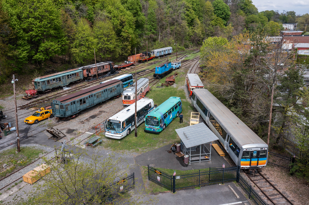 Aerial view of MARTA car arriving on museum grounds