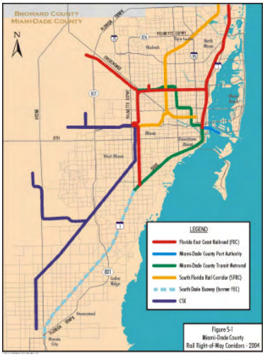 Map of rail lines in Miami area