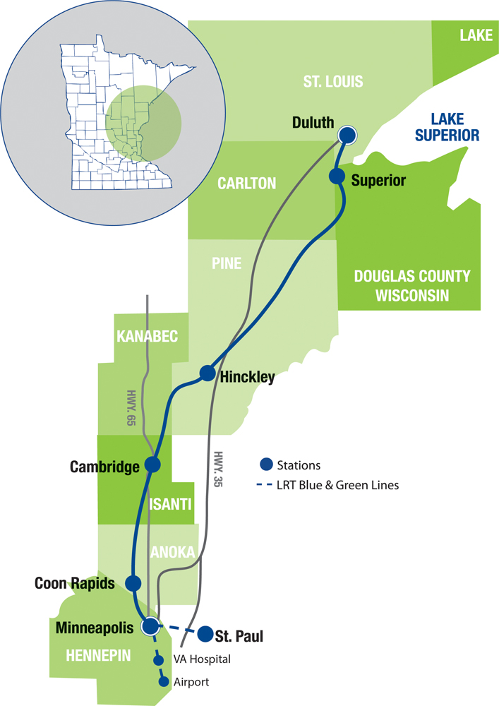 Map of proposed route of Twin Cities-Duluth passenger train