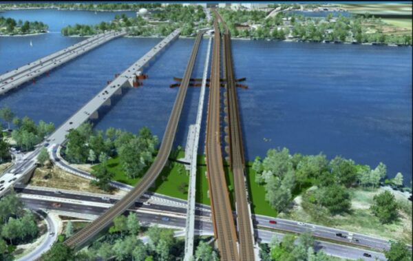 Aerial-view rendering of bridge across river