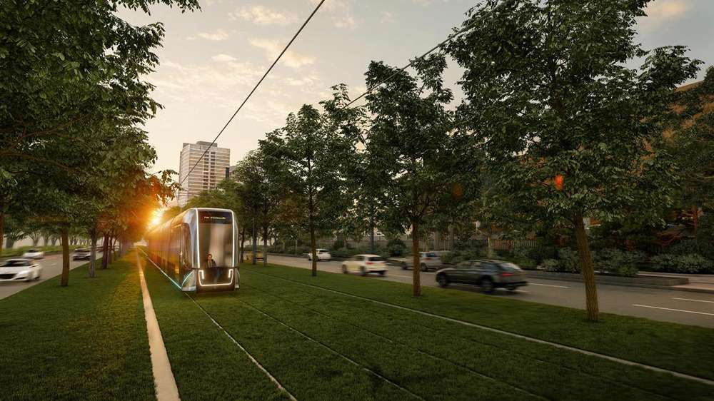 Rendering of light rail trainset running in center divider of street