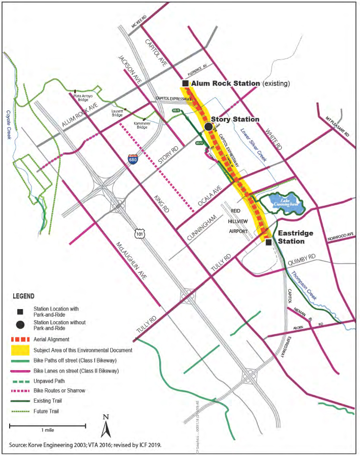 Map showing 2.4-mile light rail project in San Jose, Calif.
