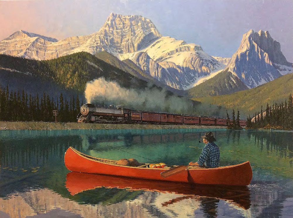 Painting of man fishing in canoe with steam-powered passenger train in background