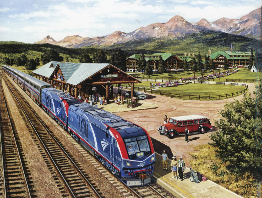 Painting of Amtrak train at Glacier Park. Trains LIVE — Railroad artist J. Craig Thorpe