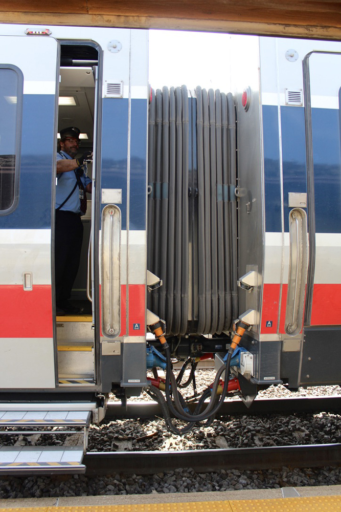 Close-up of semi-permanent coupling of two passenger cars