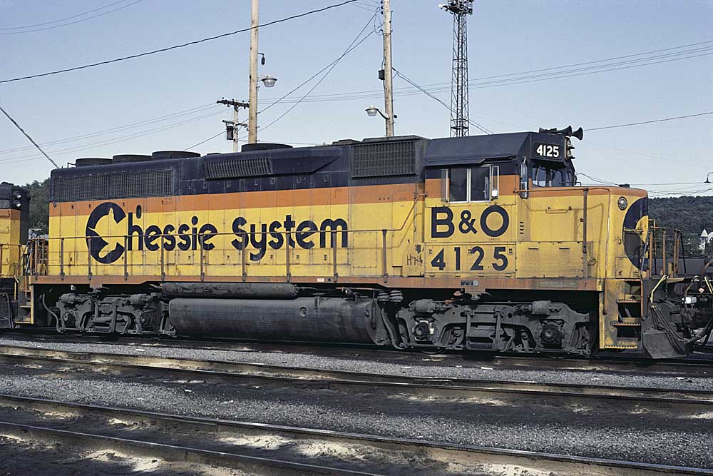 Three-quarter view of eight-wheel EMD diesel locomotive