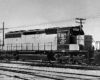 Three-quarter view of 12-wheel EMD diesel locomotive