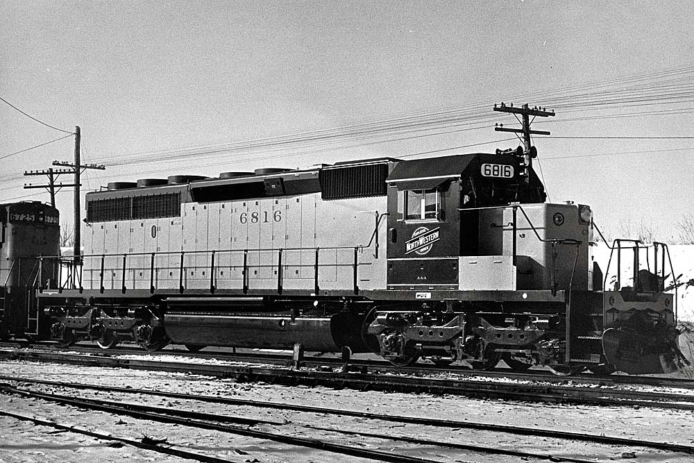 Three-quarter view of 12-wheel EMD diesel locomotive