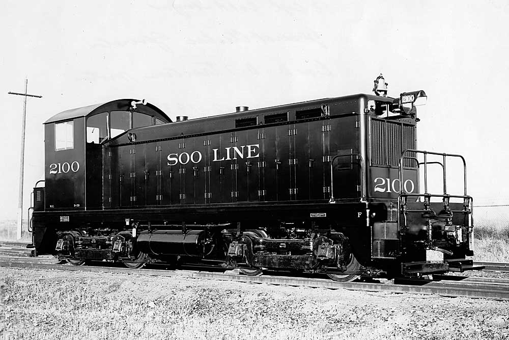 Black-and-white Soo Line diesel locomotive