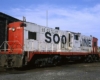 Red-and-white Soo Line diesel locomotive