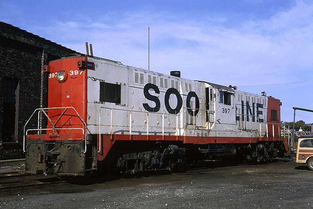 Red-and-white Soo Line diesel locomotive