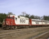 Three red-and-white Soo Line diesel locomotives