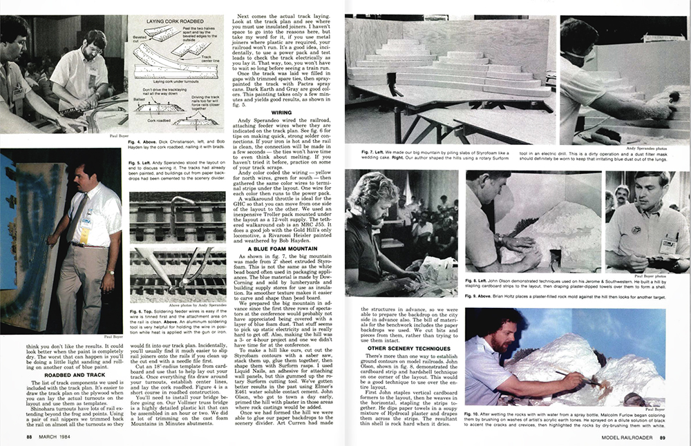 magazine page layout featuring eight photographs depicting people doing modeling work and blocks of black text on white background