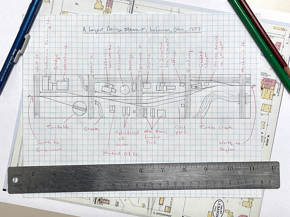 A pencil drawing on graph paper of a track plan depicting Lebanon, Ohio, in 1907