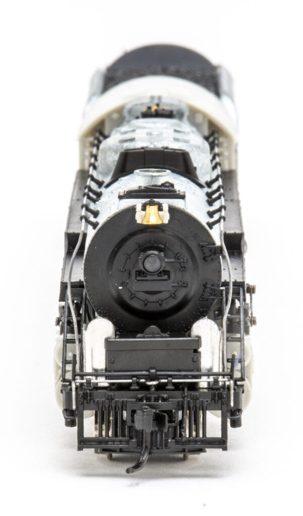 Color photo of smokebox front on N scale steam locomotive.