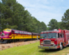 red and yellow loco by fire truck