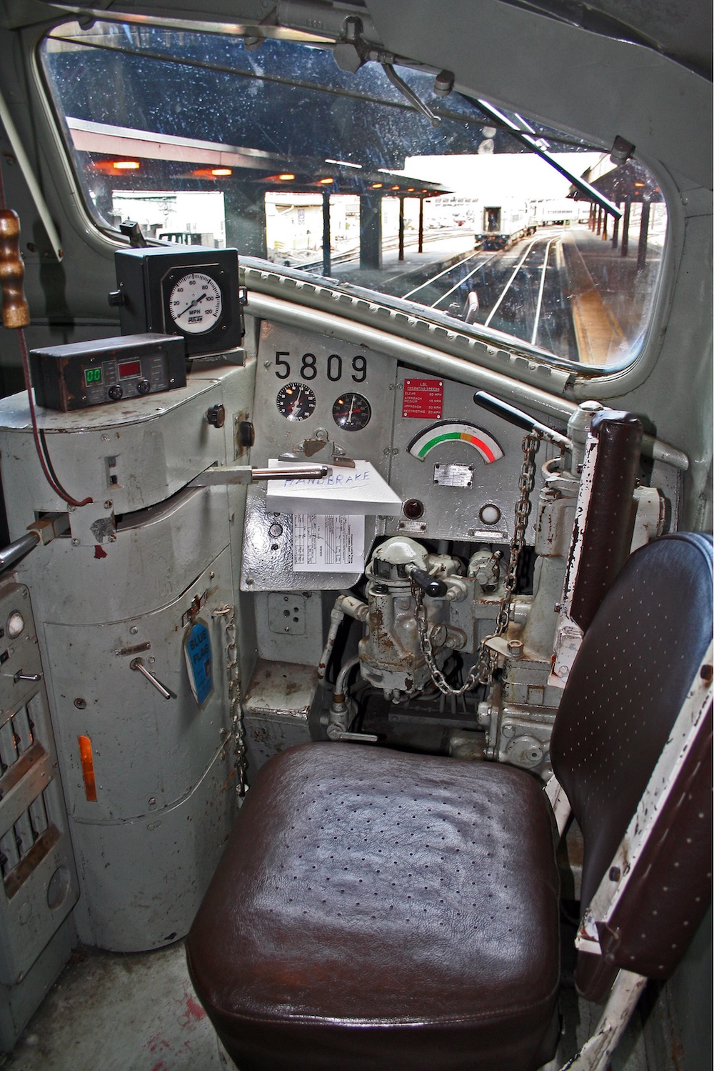 An image showing the interior of a E8 diesel locomotive cab