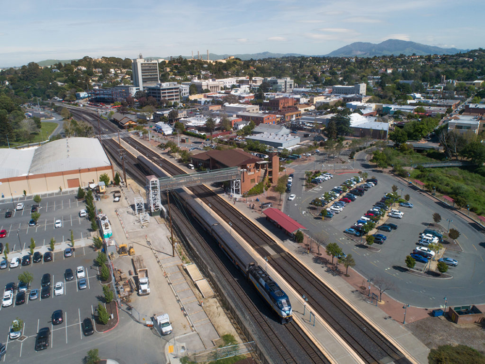 Aerial view of train at station