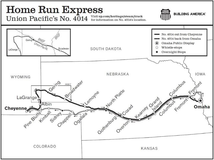 Map of planned Big Boy trip from Cheyenne, Wyo., to Omaha, neb.