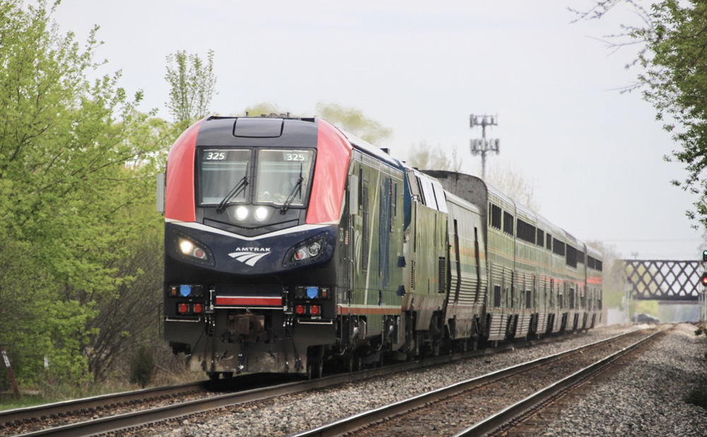 Amtrak passenger train with two locomotives