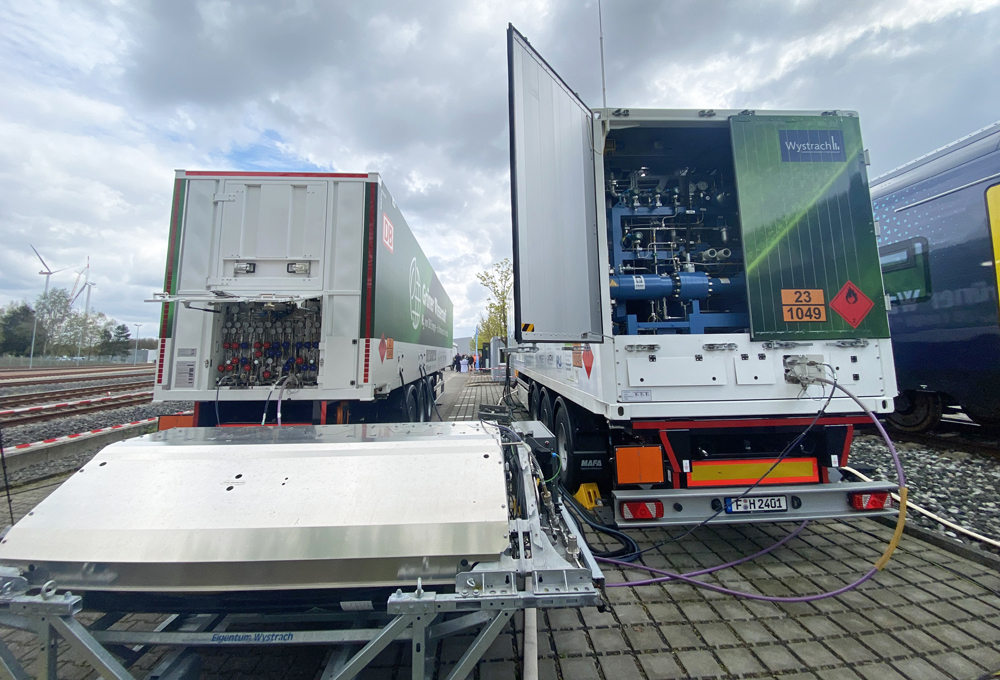 Two truck trailers outfitted with hydrogen refueling system for passenger trains