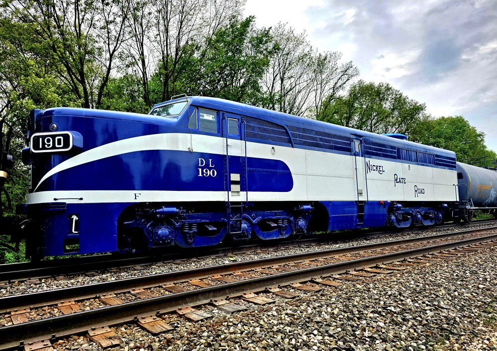 Blue and white vintage diesel locomotive