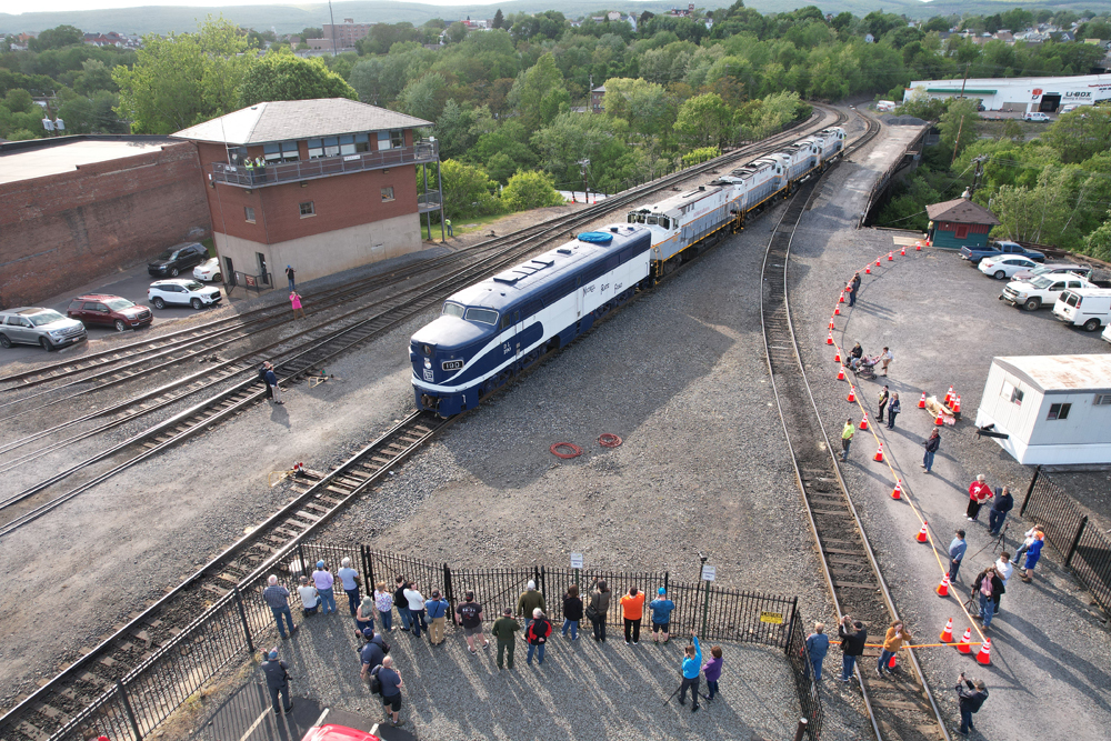 Aerial view of PA locomotive with other Alco diesels