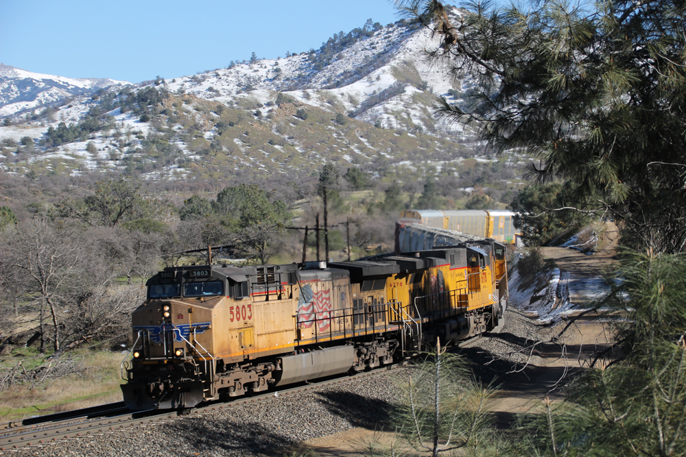Freight train with yellow locomotives in mountains