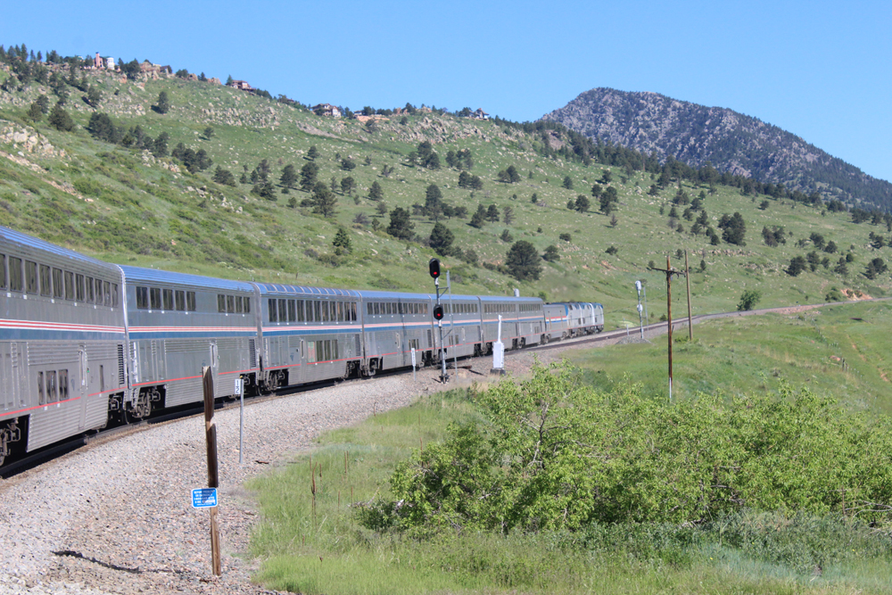 The westbound California Zephyr climbs the Front Range out of Denver on June 5, 2016. The train originated in Denver on Sunday, May 28, after a washout east of the city caused a detour of the previous day's trains over the Union Pacific's Overland Route