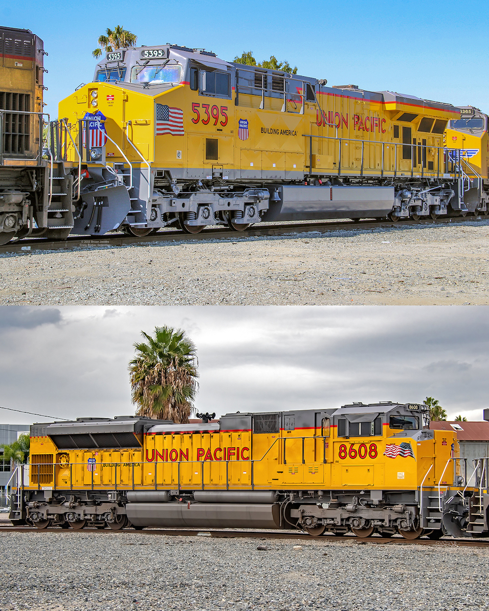 A pair of photos showing the sides of yellow diesel locomotives