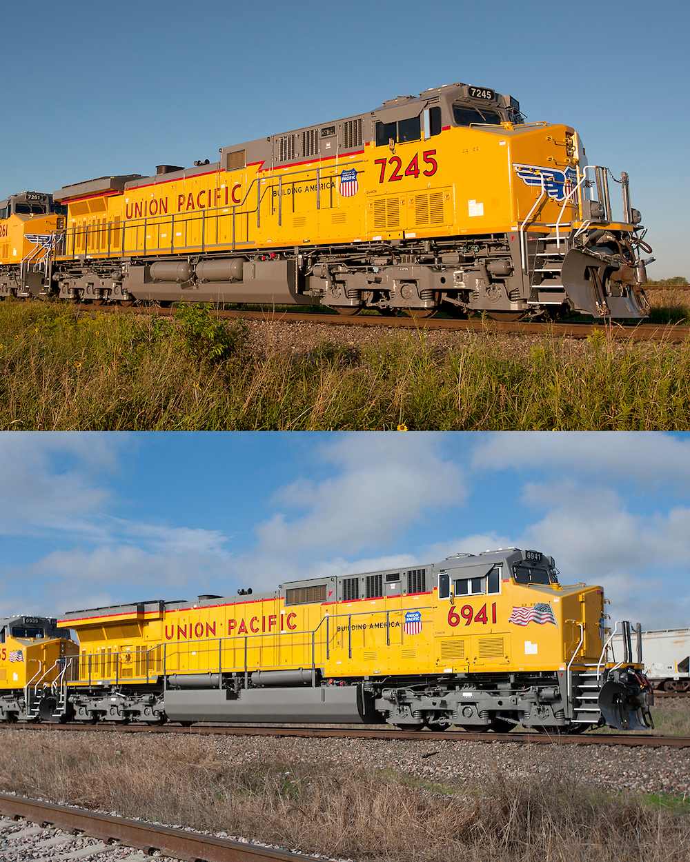 A pair of yellow locomotives, lettered in red for Union Pacific