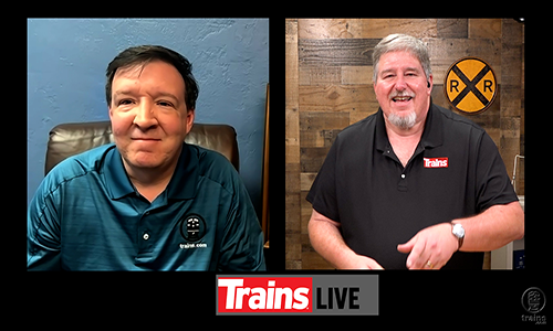 Split video screen showing two people. Trains LIVE — geared locomotives.