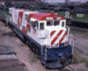 Red-white-and-blue Bicentennial diesel locomotive