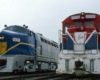 Silver-and-blue diesel Delaware & Hudson locomotives in yard