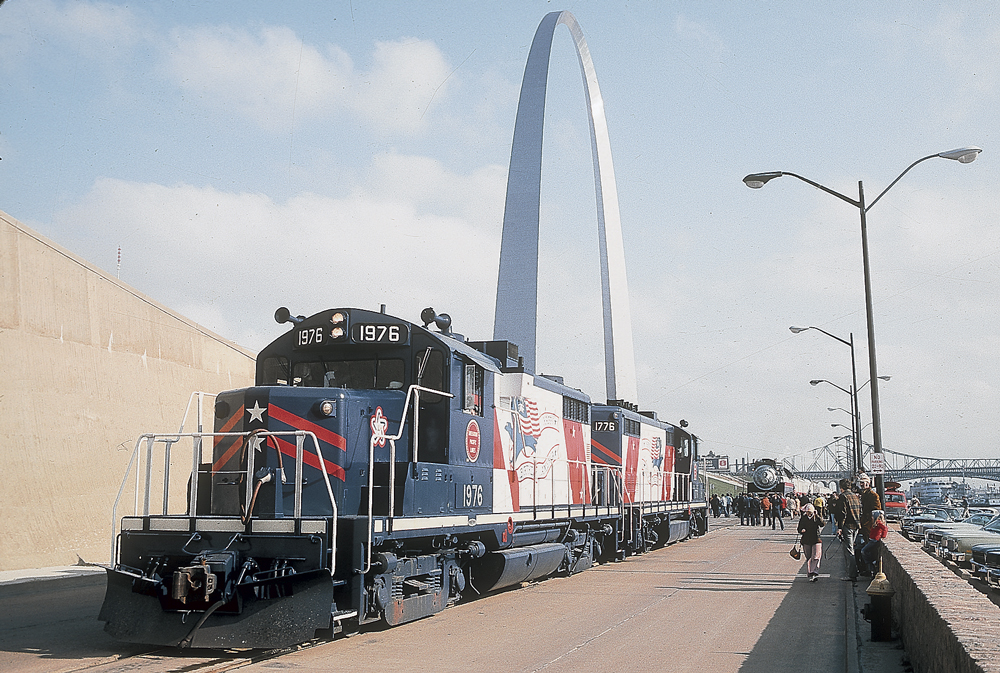 Red-white-and-blue Bicentennial diesel locomotive