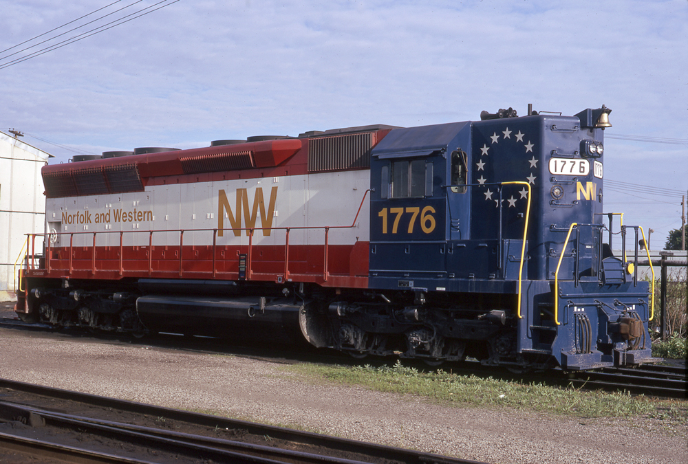Red-white-and-blue Bicentennial diesel locomotive