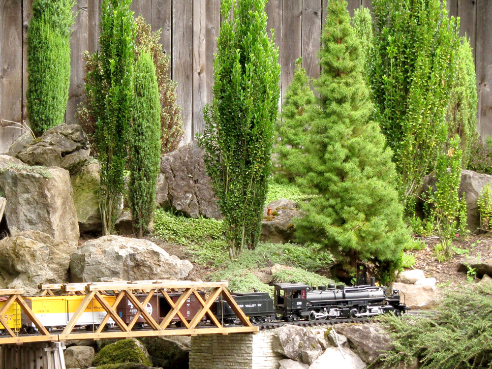 black steam locomotive crosses wooden bridge with tall evergreen trees behind it