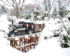 snowy scene with steam locomotive crossing bridge on garden railway