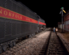 A towerman holds a lighted lantern aloft while a steam engine passes an interlocking tower at night