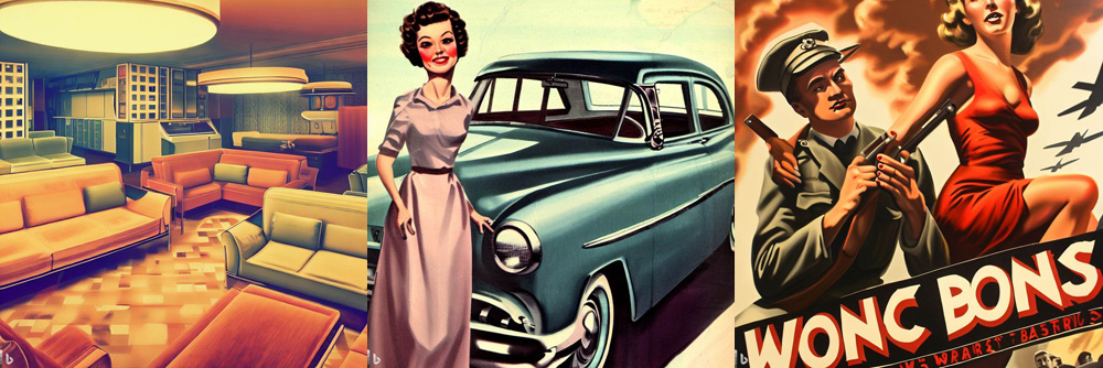 Three AI-generated images show an array of modernist furniture, a smiling woman in front of an old-fashioned car, and a boldly lit woman and soldier in front of an ominous sky
