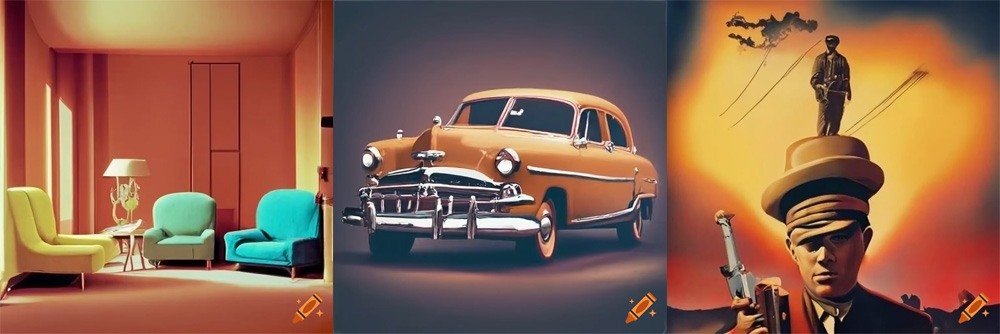 Three AI-generated images show an array of modernist furniture, an old-fashioned orange car with asymmetrical bumper, and a man wearing a stack of hats with a miniature soldier standing on top