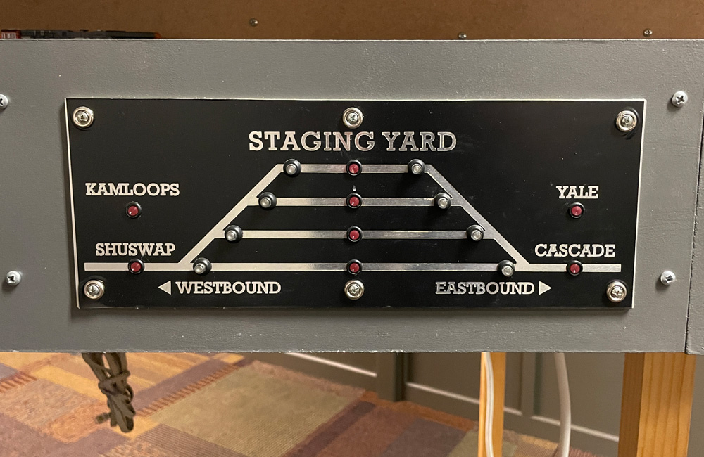 A schematic track diagram with lighted pushbuttons on the track