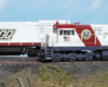 Color photo of two HO scale diesel locomotives on scenic base.