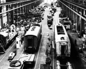 Diesel locomotives inside shop building