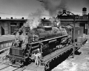 Steam locomotive smoking on turntable