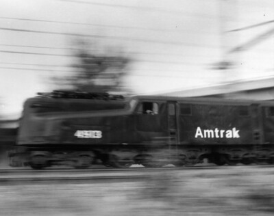Black and white photo of an Amtrak GG1 electric motor